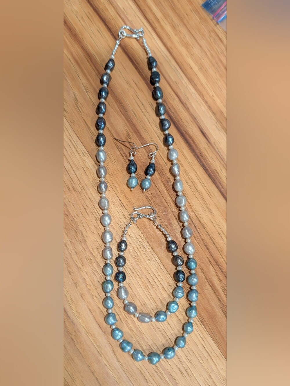 Freshwater Pearl Necklace, Bracelet & Earring Set - Blue and Silver Tones